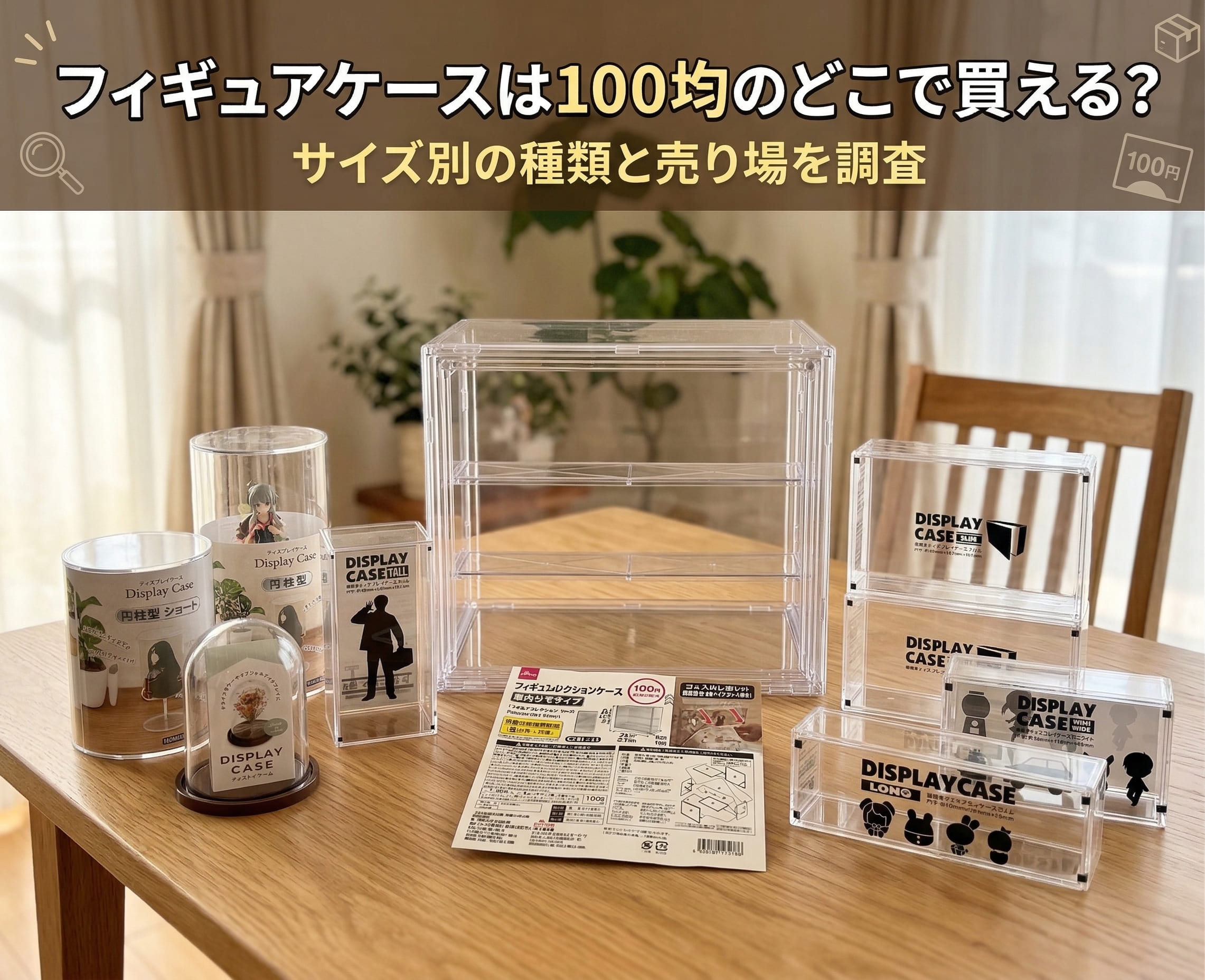 セリアやダイソーなどの100均で購入できるフィギュアケースを自宅のテーブルに並べている