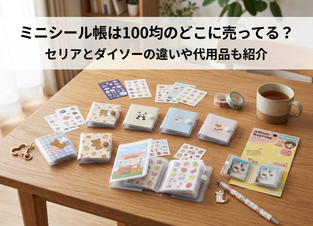 100均で購入したミニシール帳が自宅の机に並んでいる画像 セリア、ダイソーなどのミニシール帳