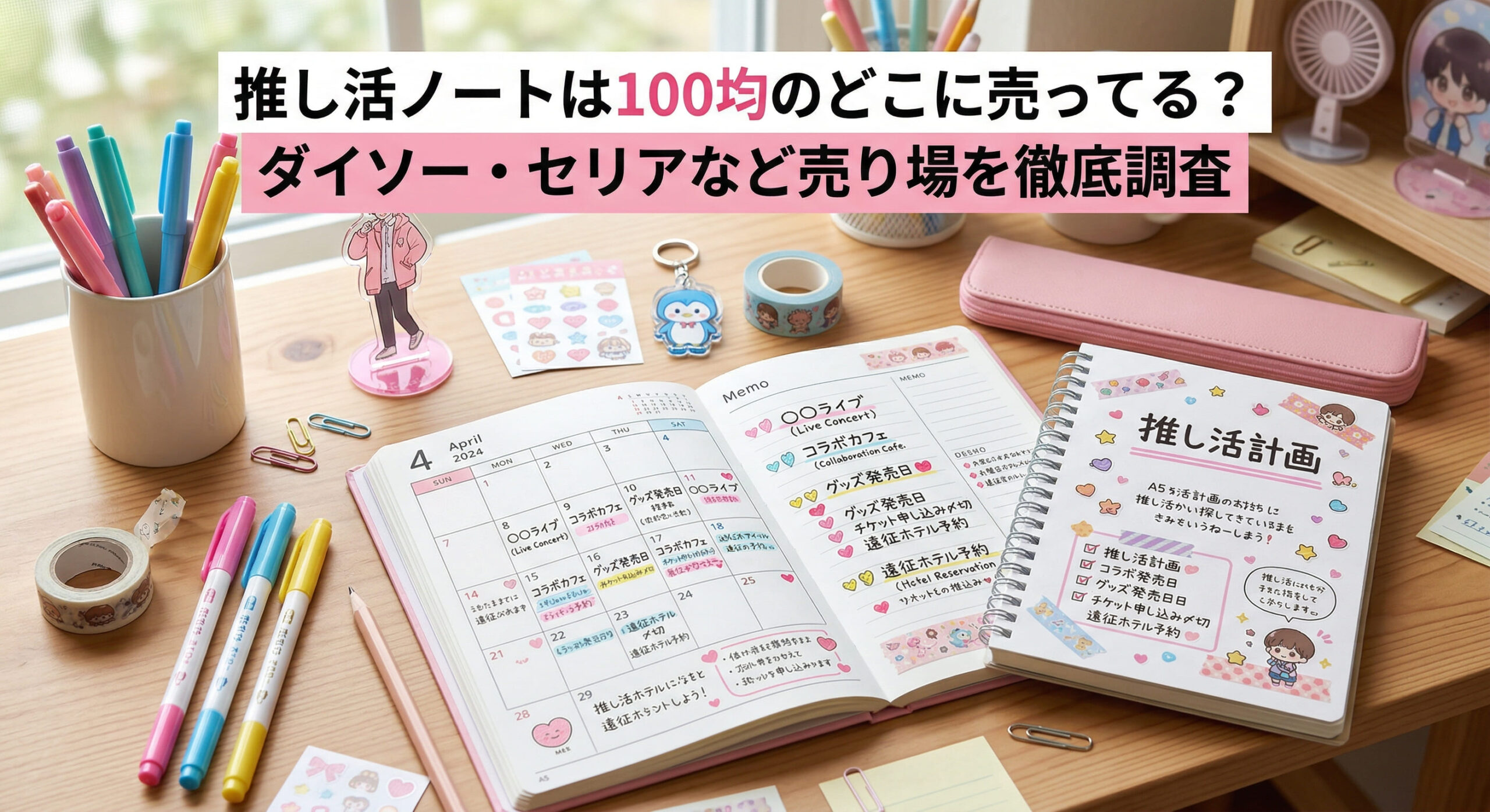 ダイソーやセリアなどの100均で購入した推し活ノートで今後の予定を立てている画像