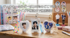 ダイソーやセリアなどの100均で購入したチェキキーホルダーで推し活をしている画像