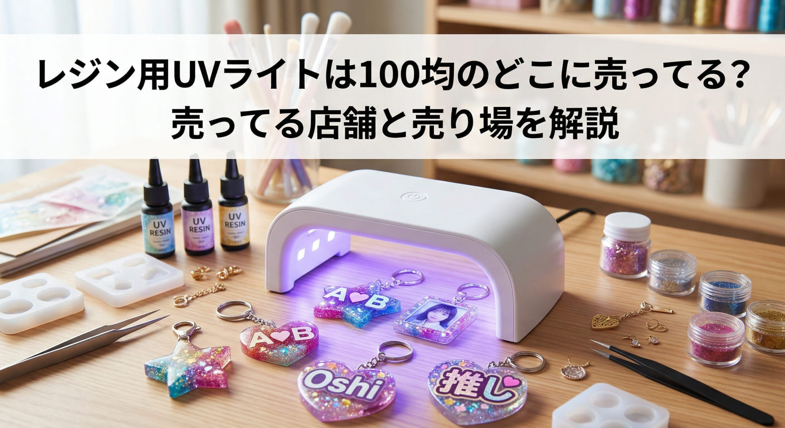 100均で買ったレジン用UVライトを使って推し活グッズを作成している画像