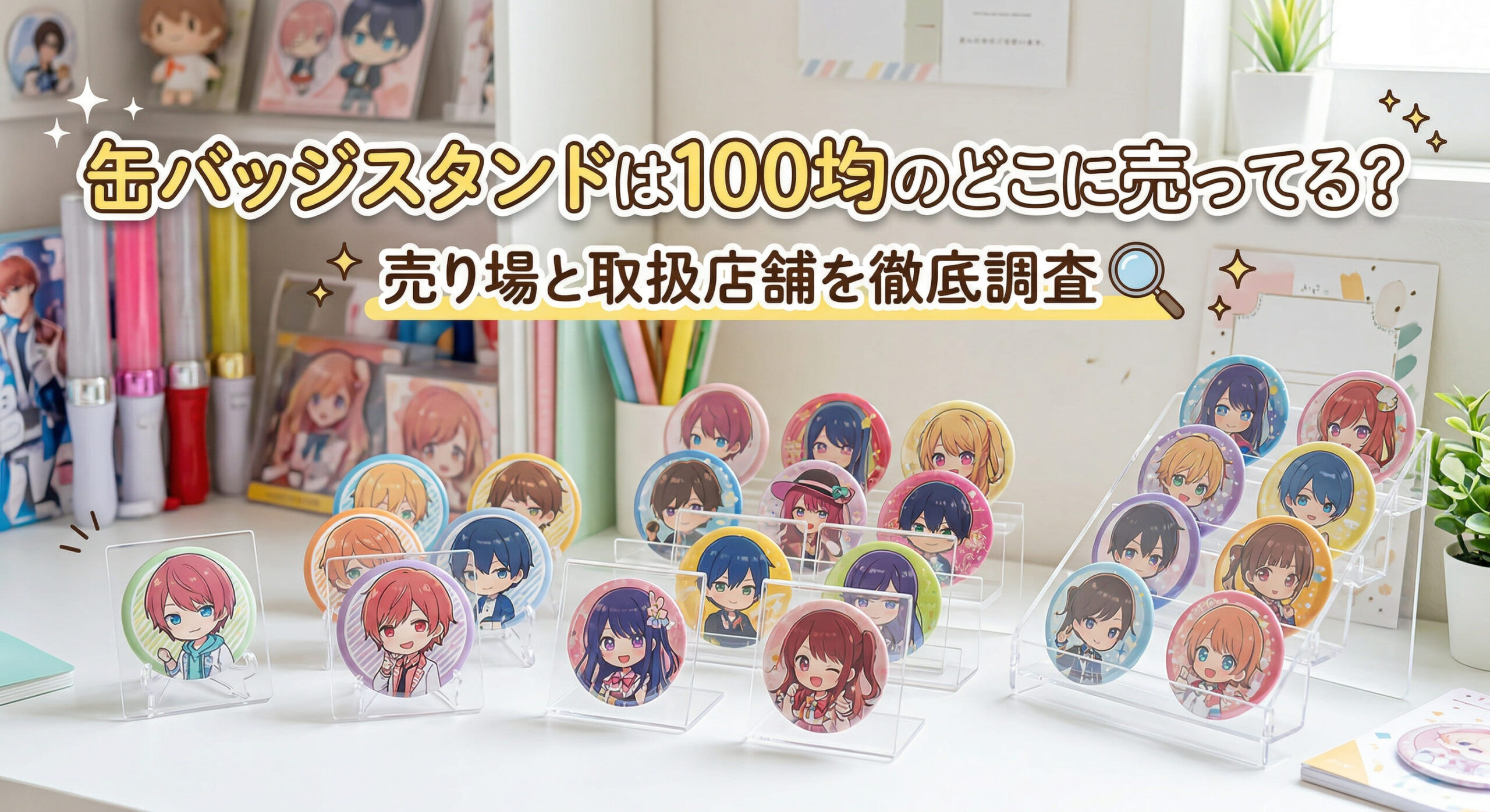 ダイソーやセリアなどの100均で買った缶バッジスタンドを使ってお気に入りの缶バッジを飾っている