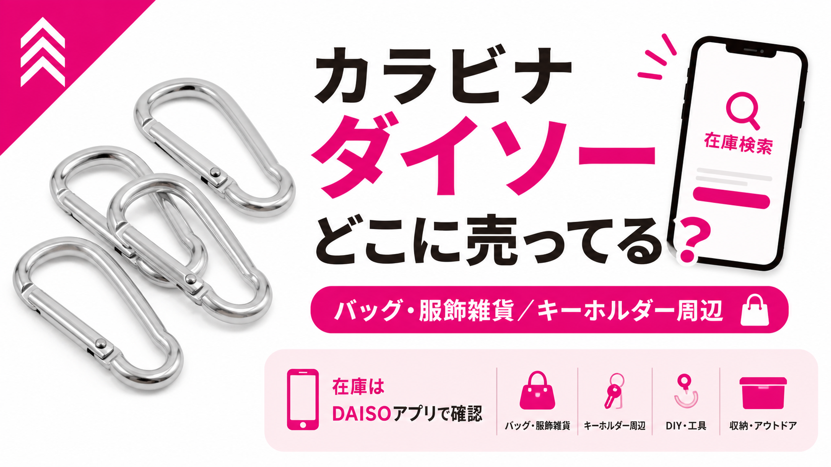 カラビナはダイソーのどこに売っているかと在庫確認方法を示すアイキャッチ