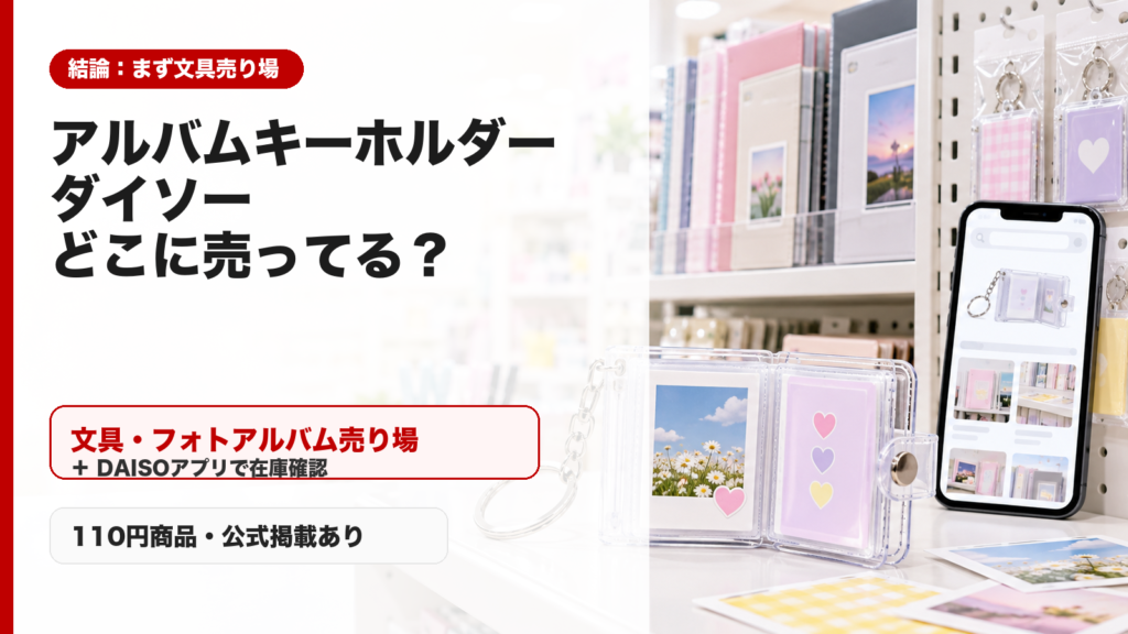 アルバムキーホルダーはダイソーの文具・フォトアルバム売り場とアプリ在庫確認で探すことを示すアイキャッチ