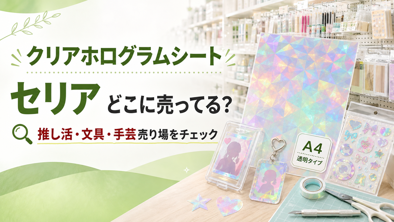 クリアホログラムシートがセリアのどこに売ってるかを示すアイキャッチ