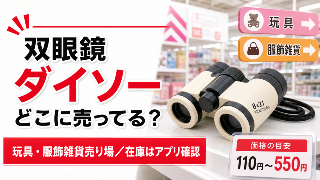 ダイソーの双眼鏡の売り場と在庫確認方法を示すアイキャッチ