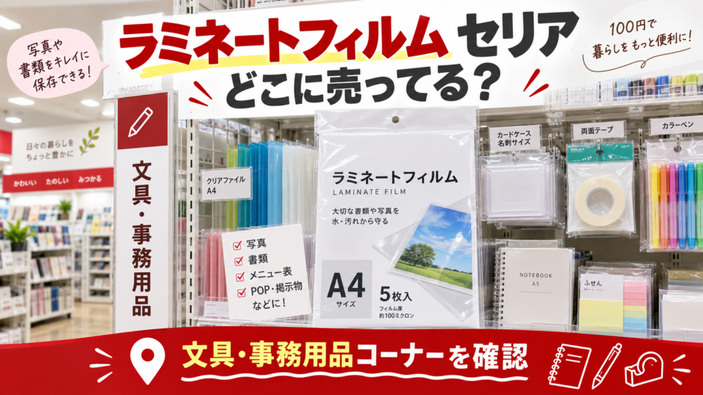 ラミネートフィルムはセリアの文具・事務用品コーナーで探すことを示すアイキャッチ