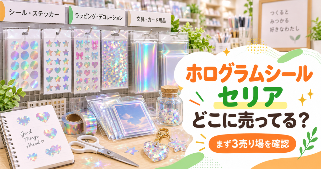 ホログラムシールをセリアで探す3つの売り場を示したアイキャッチ