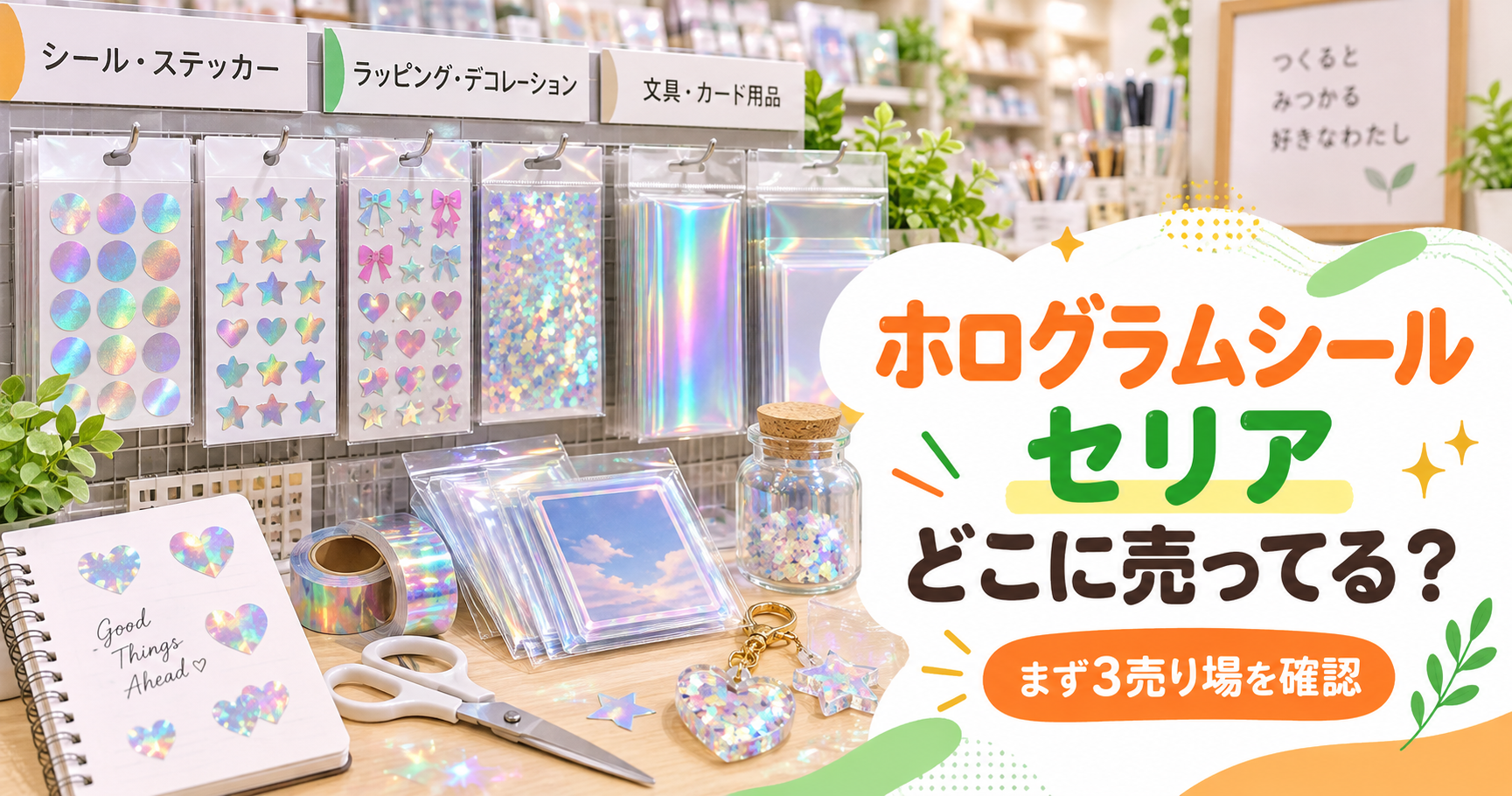 ホログラムシールをセリアで探す3つの売り場を示したアイキャッチ