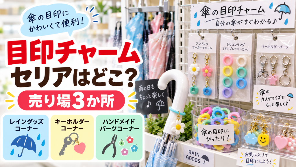 目印チャームはセリアのレイングッズ、キーホルダー、ハンドメイドパーツ売り場で探す