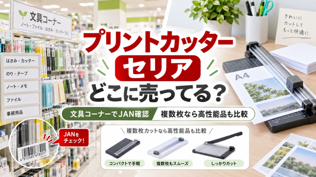 プリントカッター セリア どこに売ってるかを示す文具コーナーとペーパーカッター比較