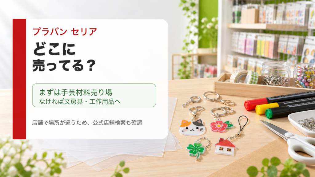 プラバンはセリアの手芸材料売り場や文房具売り場で探すことを示すアイキャッチ