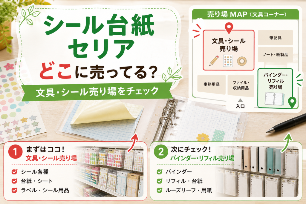シール台紙はセリアのどこに売ってるかを示す文具売り場ガイドのアイキャッチ